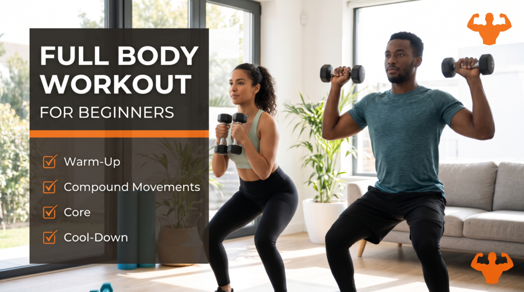 Two beginners holding light dumbbells in a bright fitness space, representing a full body workout. Image Caption: A structured full body routine is the most efficient way for beginners to build foundational strength and confidence.