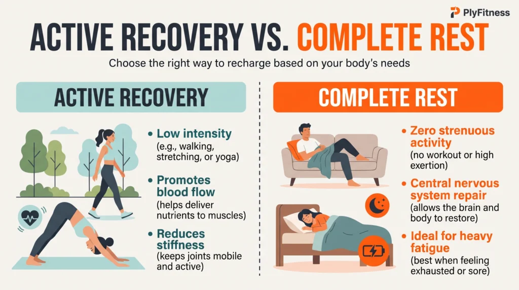 Infographic comparing the benefits and definitions of active recovery versus complete rest days.