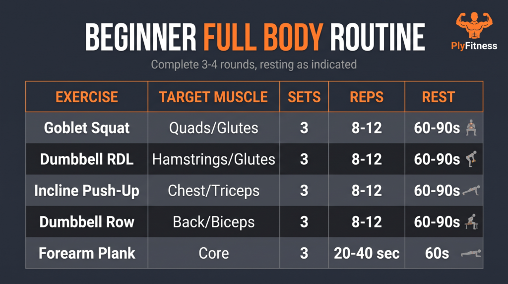 A structured workout chart detailing sets, reps, and rest times for the beginner full body routine. Image Caption: Save this chart to your phone or print it out to track your sets and reps during your workout.