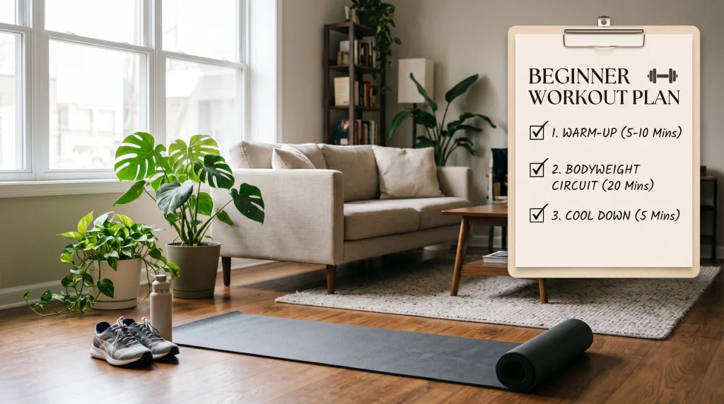A clean living room setup with a yoga mat illustrating a beginner workout plan at home.