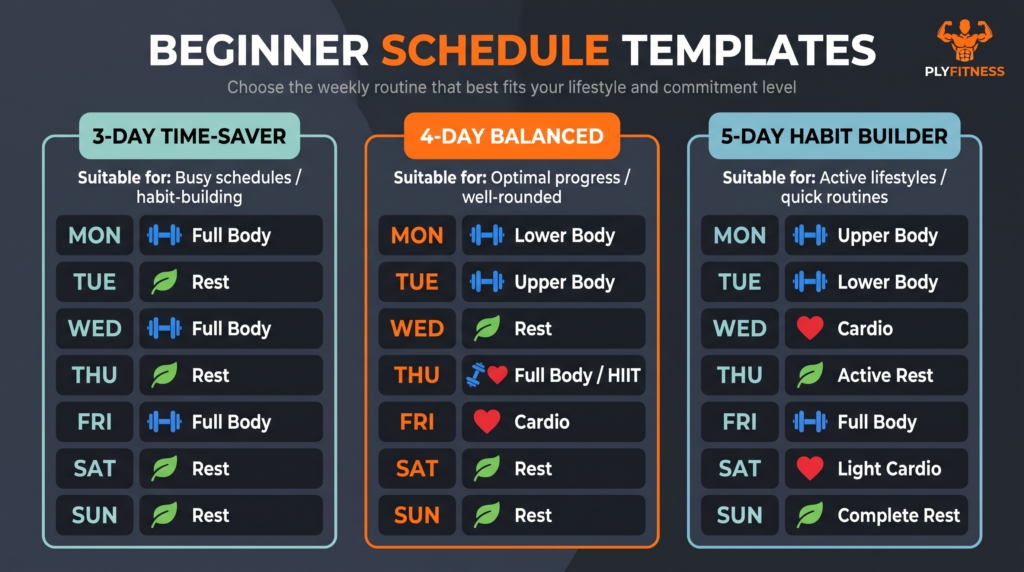 A visual comparison chart displaying a 3-day, 4-day, and 5-day weekly workout schedule template