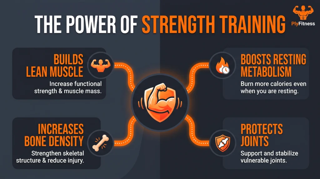 Educational infographic displaying the four main benefits of strength training: muscle growth, metabolic boost, bone density, and joint protection.