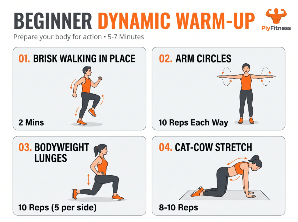 Visual step-by-step guide demonstrating four dynamic warm-up exercises. Image Caption: Never skip your warm-up; it is the most effective way to prevent injury and improve your exercise performance.