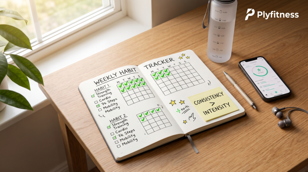 A notebook showing a habit tracker with checkmarks to visually represent workout consistency