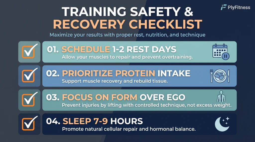 A checklist graphic highlighting the importance of rest days, nutrition, exercise form, and sleep for workout safety