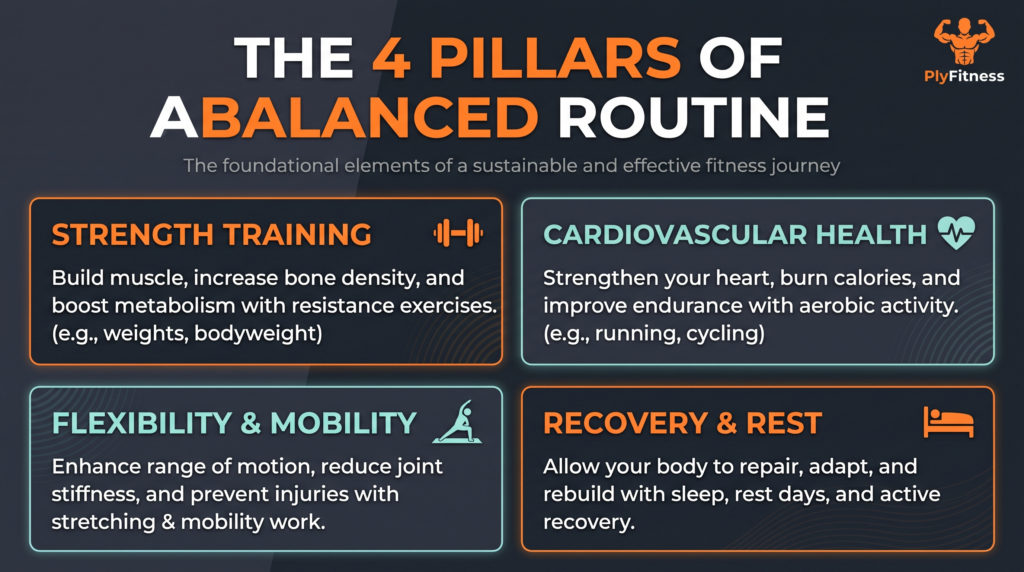 Educational infographic displaying the four pillars of fitness: strength, cardio, flexibility, and recovery