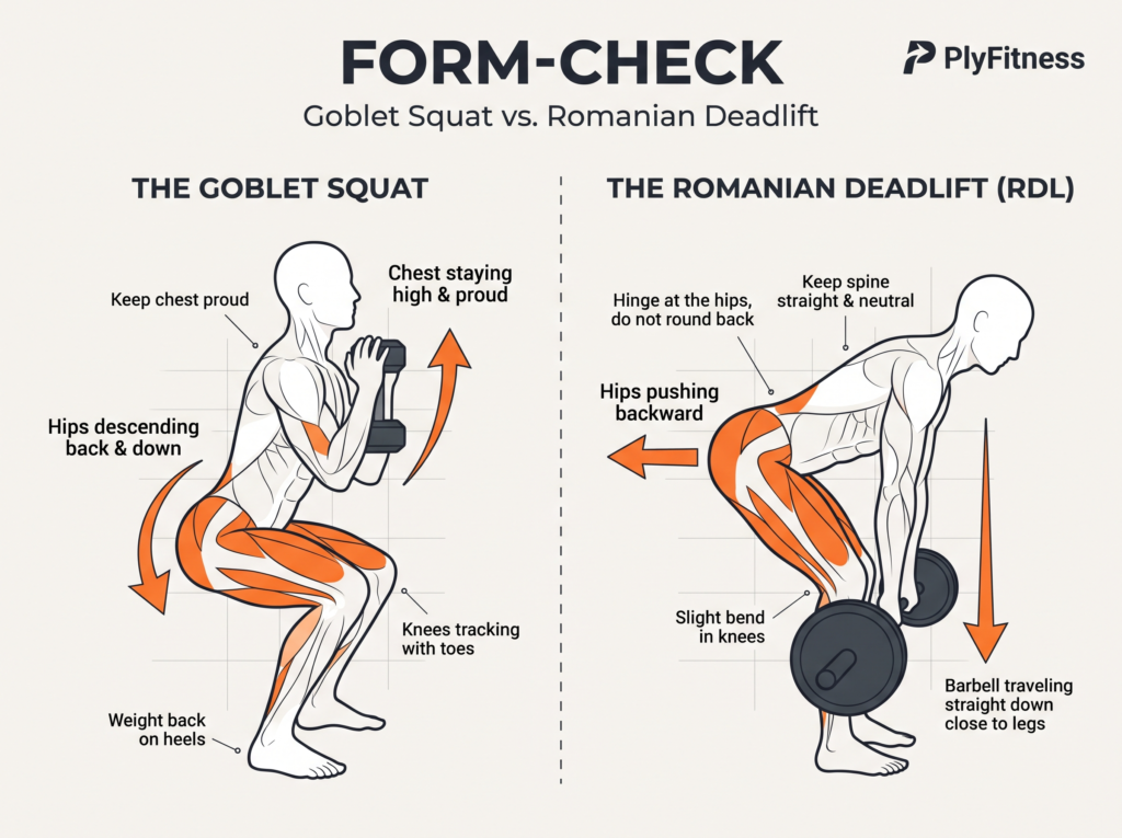 Form check infographic demonstrating the correct posture for a Goblet Squat and a Romanian Deadlift. Image Caption: Mastering the squat and the hip hinge will provide a foundation for almost all other lower-body strength exercises.