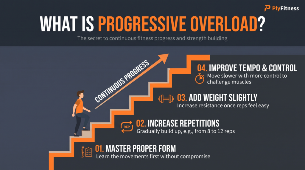 A staircase infographic explaining how to safely implement progressive overload: form, repetitions, weight, and tempo.