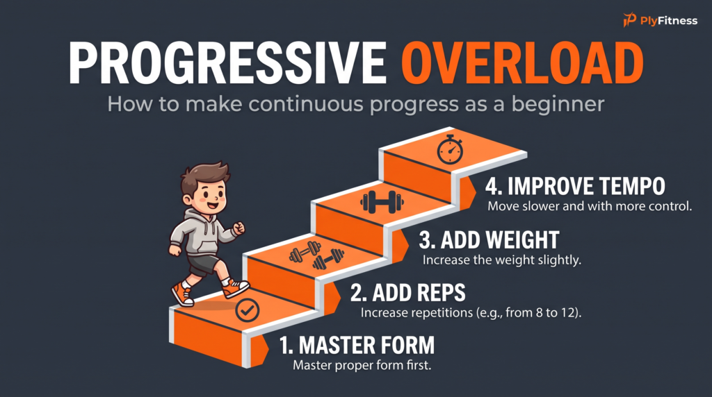  A staircase infographic explaining the steps of progressive overload: form, repetitions, weight, and tempo. Image Caption: Progressive overload is the scientific principle behind all muscle growth and strength development.