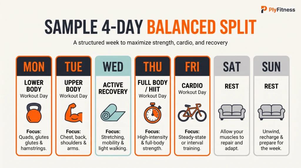 A weekly schedule graphic demonstrating a balanced 4-day workout split with strength, cardio, and rest days.