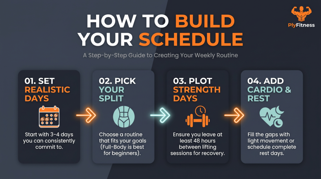 Flowchart illustrating the four steps to creating a beginner weekly workout schedule